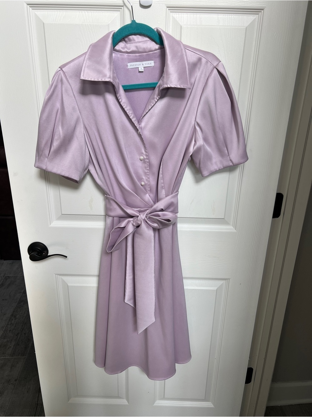 Preston & York Lavender Midi Shirt Dress with tie, puff sleeve and pearl buttons - Picture 2 of 14
